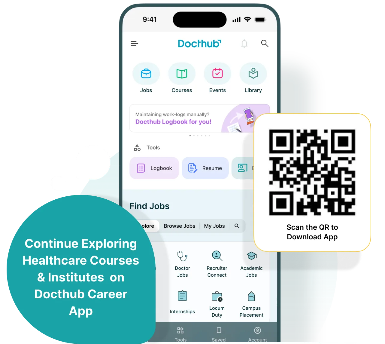 Docthub Healthcare Career app preview with QR code